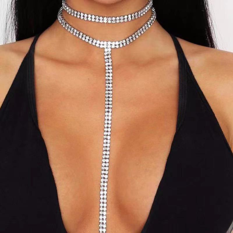 Double-row Rhinestone T-shaped Long Choker Necklace for Women: Fashionable, Versatile, and Ultra-Shiny