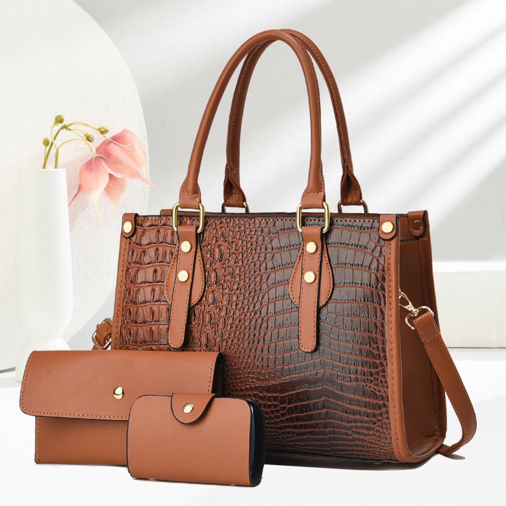 Women’s Trendy European Retro Crocodile Pattern Tote Bag Set, 3Pcs Convertible Top Handle Shoulder Crossbody Purse