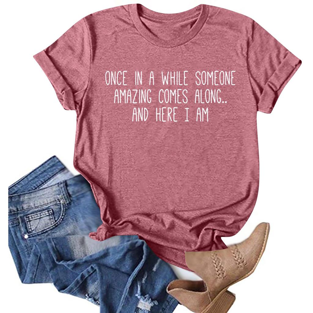 Women's Summer Casual Loose Letter Printed T-shirt Round Neck Pullover Short Sleeve