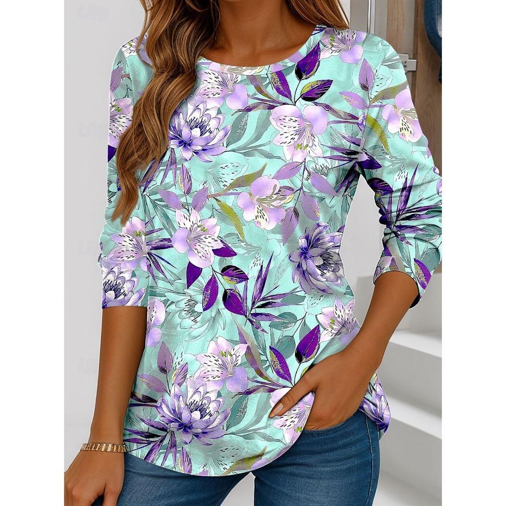 Women's T Shirt Floral Graphic Plants Stylish Casual Long Sleeve T-shirts Round Neck Regular Tops Flower Printed Pullover