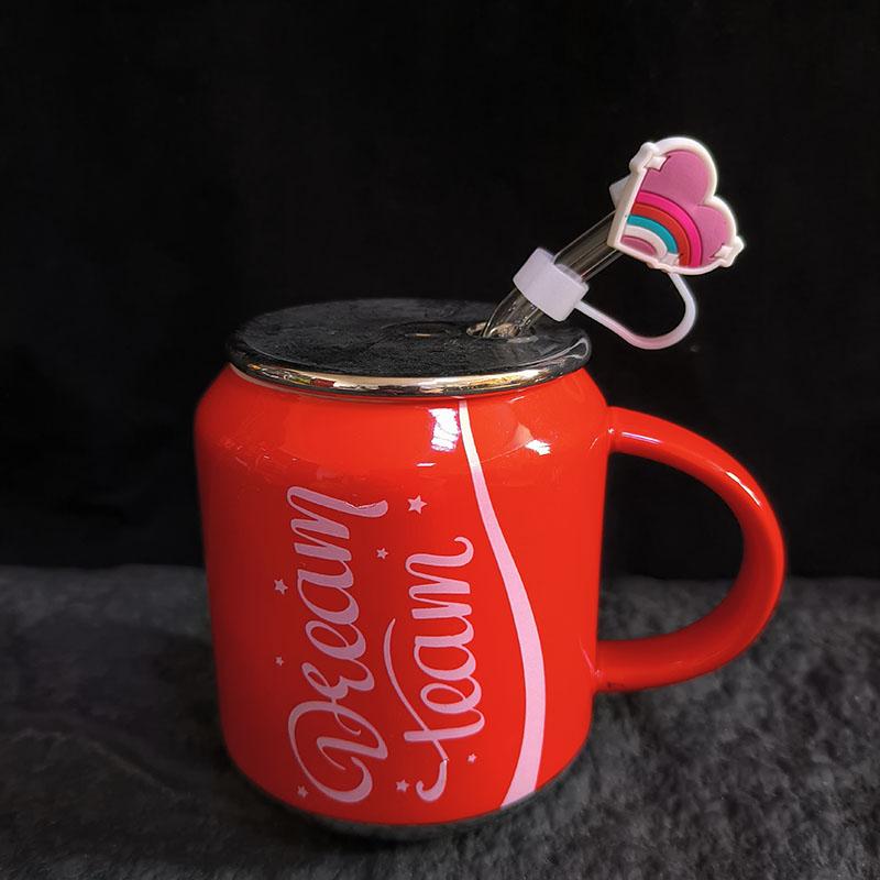 400ml Lovers Coke Cans Water Mug with Straw Lid Ceramic Believe Mugs Coffee Cups Student Couple Drinking Cup Best for Birthday