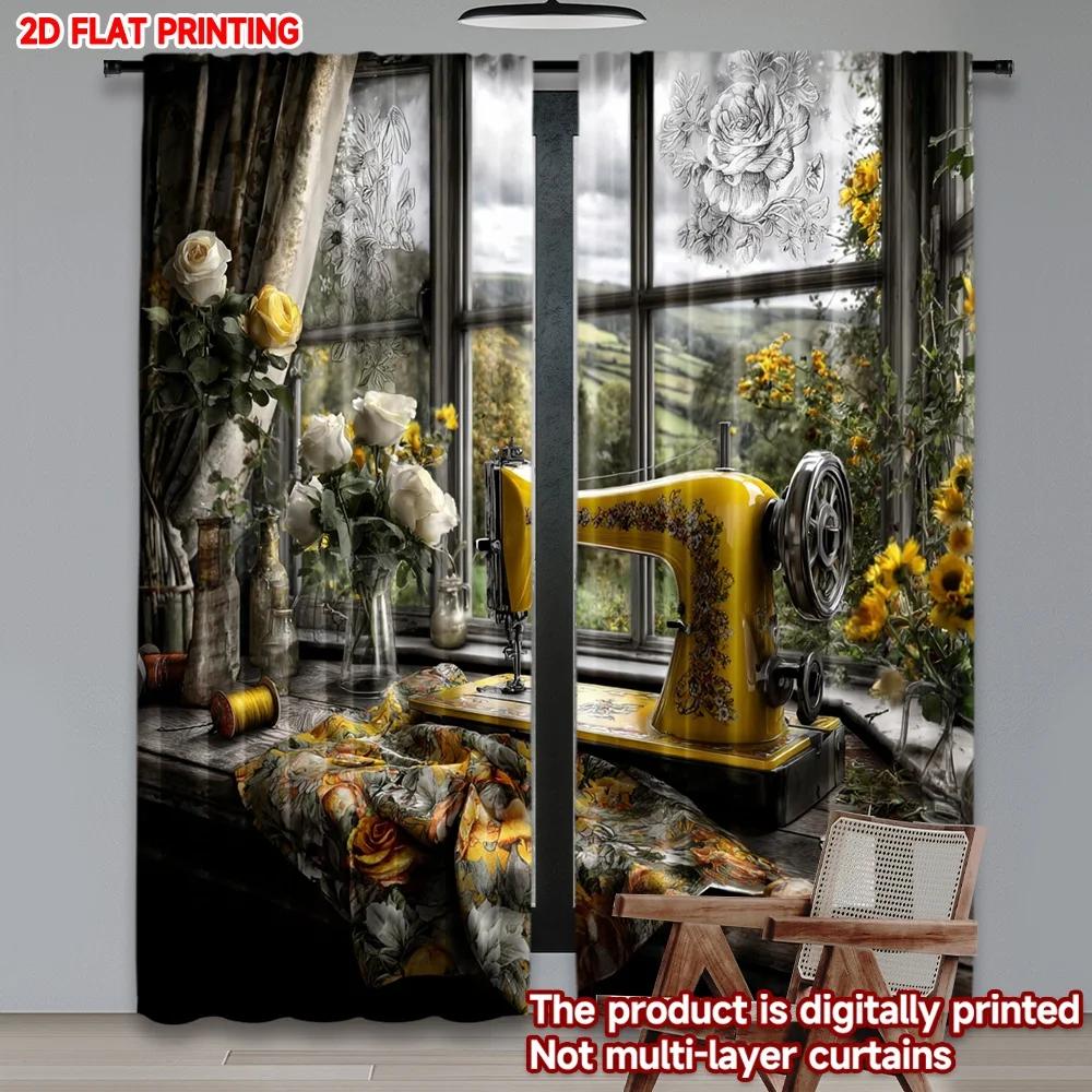 Set Of 2 Vintage Sewing Machine Curtains Yellow Antique Floral Tablecloth Retro Bedroom Decor Curtain Polyester Perfect For