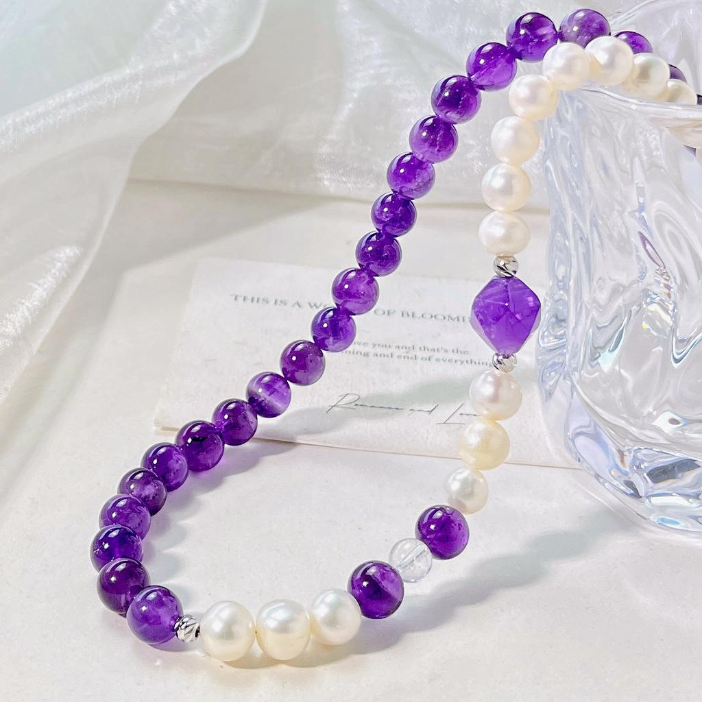 8Mm Vintage High Quality Natural Amethyst Freshwater Pearl Design Sense Necklace Clavicle Chain