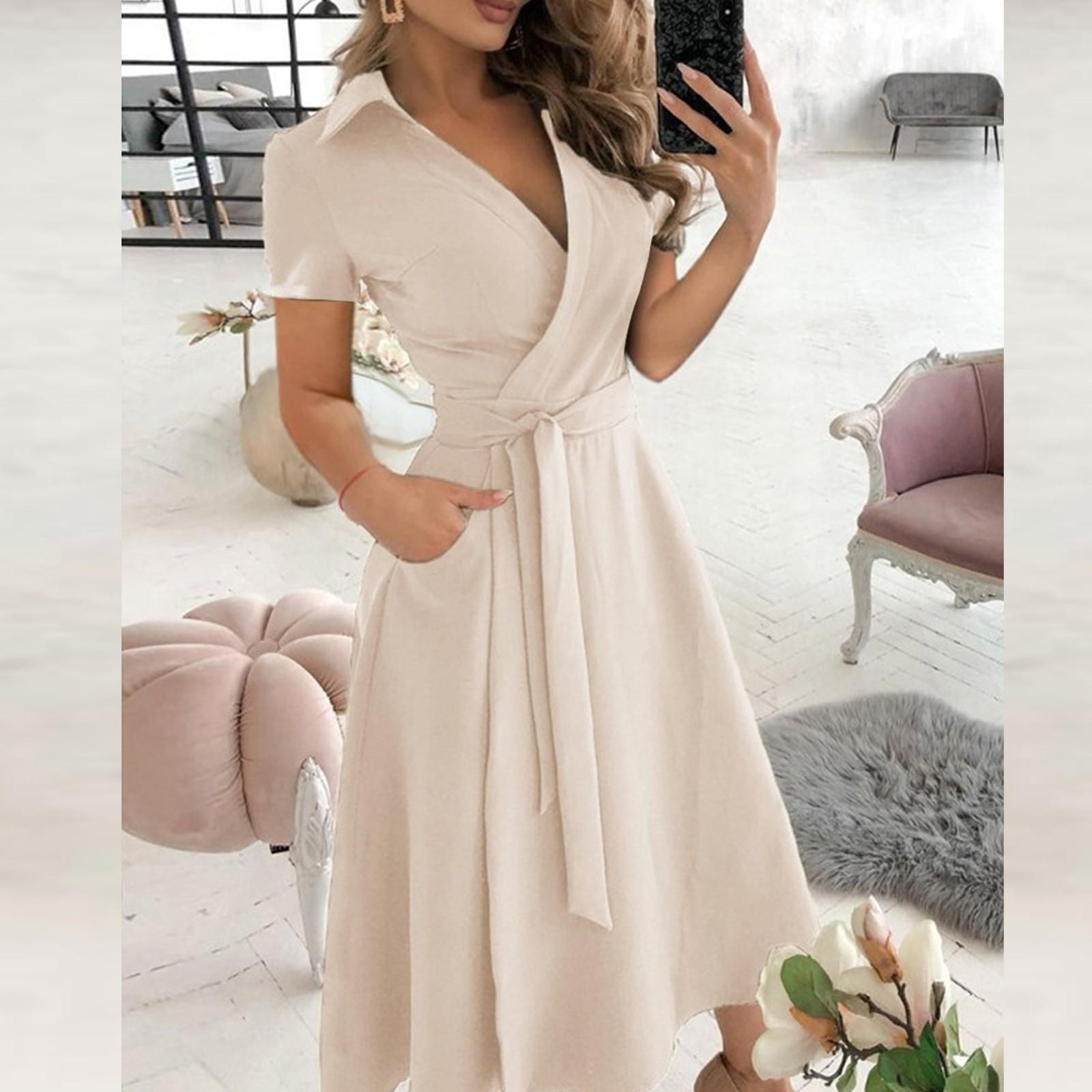 

Модні жіночі повсякденні однотонні довгі сукні з короткими рукавами L бежевий