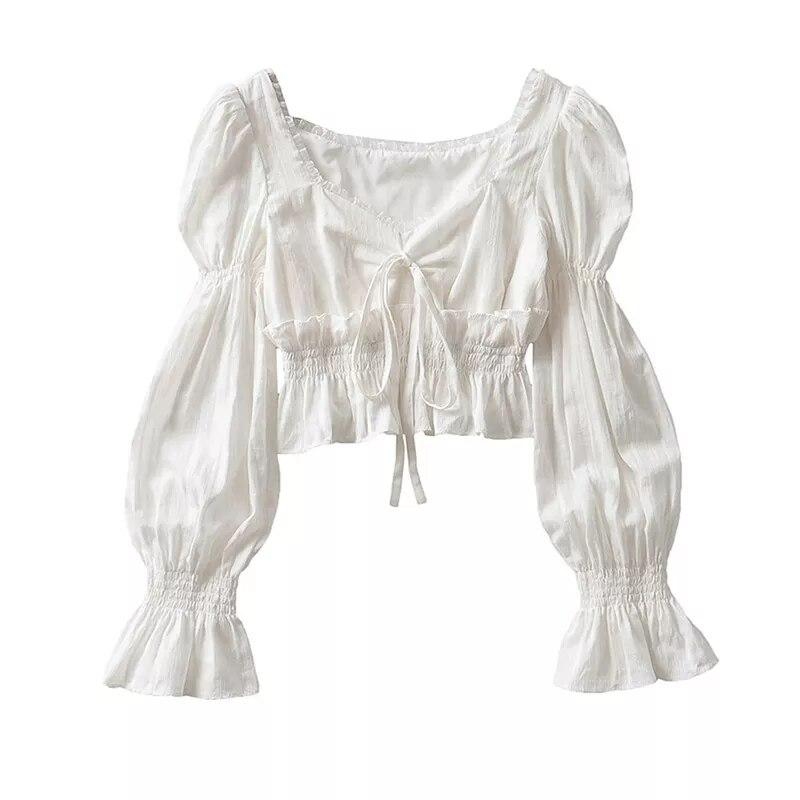 French Pleated Lantern Long Sleeve Shirt Women New Vintage White Square Collar Blouse Tops Female Korean Fashion Desidn Casual Clothing 2024