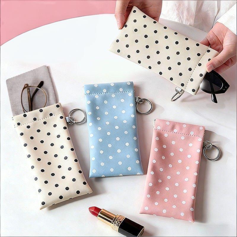 1Pc Polka Dot Eyeglass Pouch With Keychain Portable Scratch-Resistant Soft Glasses Case Storage Bag For Women Daily Use Travel