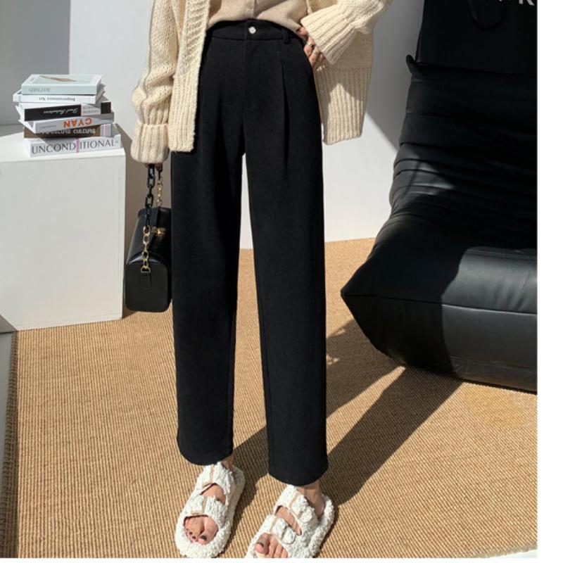 Autumn Winter High Waist Warm Thicken Wide Leg Pant Elegant Office Ladies Causal Loose Solid Simple Elegant Straight Trouser