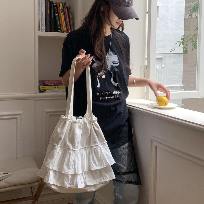 Korean Style Shoulder Bags Women Handheld Bags Leisure Versatile New Drawstring Design Lotus Leaf Edge Waterproof Axillary Bags