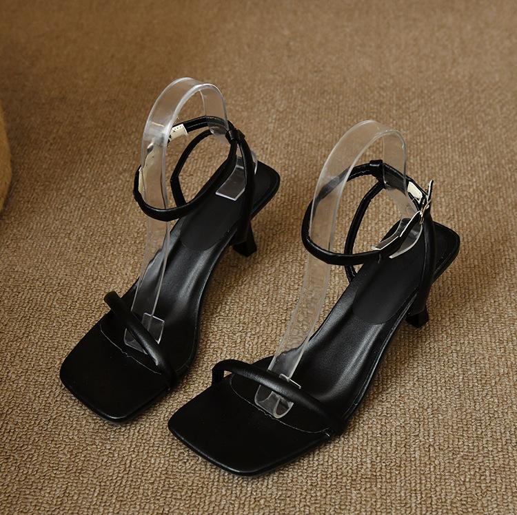 Sandals women's summer square head one-word strap stiletto high heels