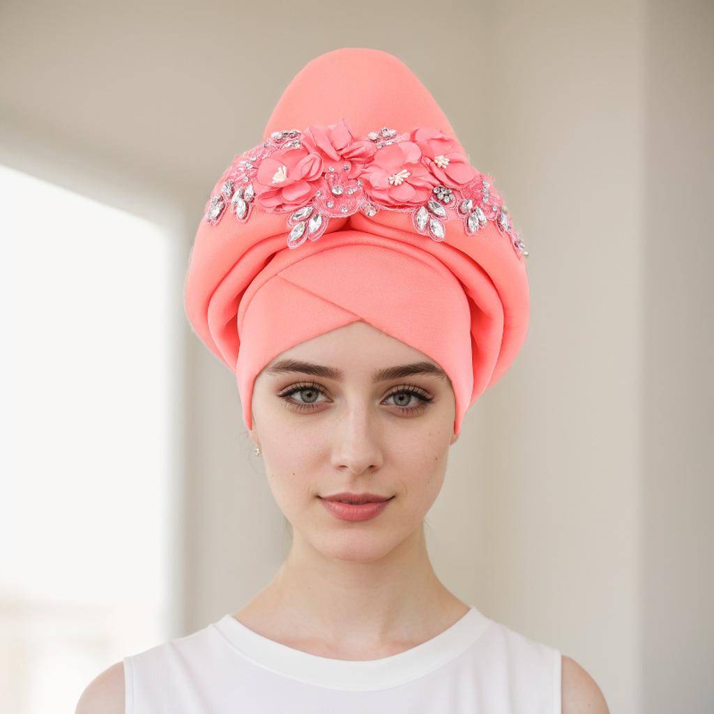 Ready To Ship 2025 Latest Ladies Flower Embroidery African Hats Fashion Ethnic Style Stretch Turban Headbands for Women