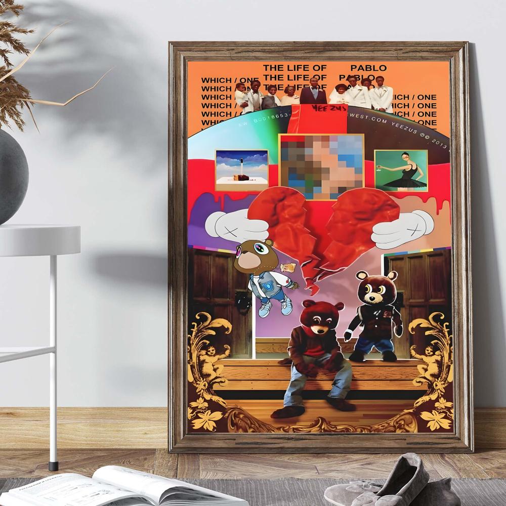 Kanye West Rapper Music Whitepaper Poster Self-adhesive Art Poster Fancy Wall Sticker for Living Room Bar Decoration Painting