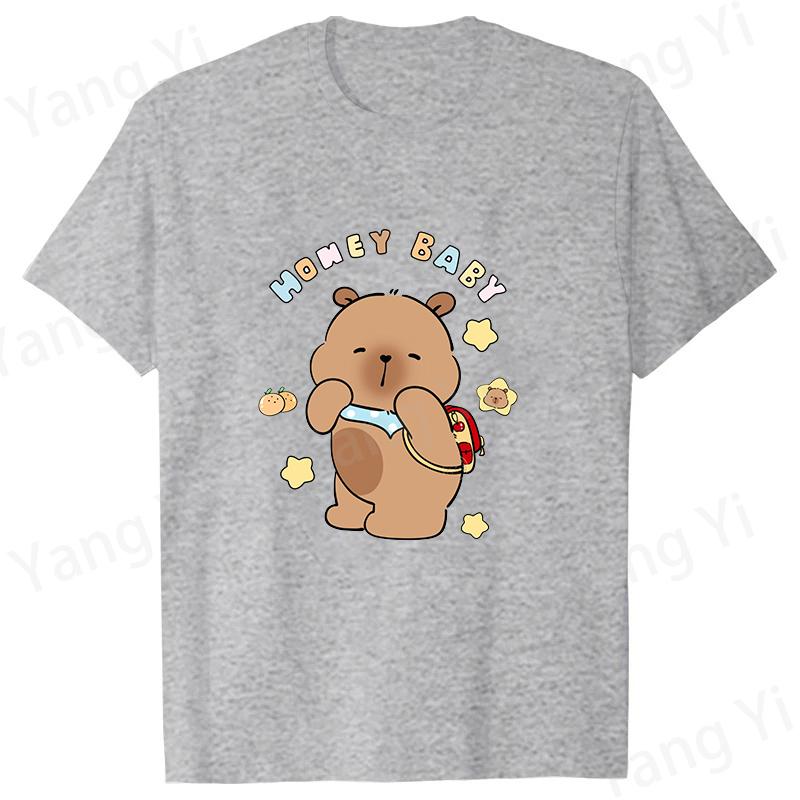 Modische Capybara Trage Rucksack Druck T-Shirt Lässig Kurzarm Grafik T-Shirt Unisex Locker Harajuku Shirt Honey Baby Oberteile