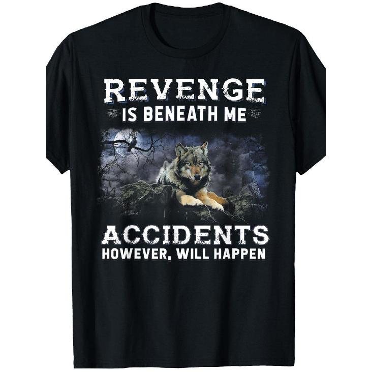 Men s Graphic T-Shirt with Wolf Design & Revenge Is Beneath Me Humorous Saying - Regular Fit Short Sleeve Round Neck Tee, Machine Washable, S чёрный