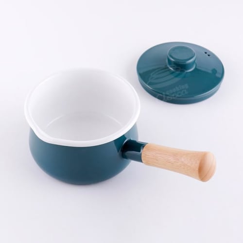 Fuji Enamel Milk Pan with Lid, 15cm, 1.2L, Gas and Induction Compatible, Enamel Saucepan, Baby Food Cookware, Green