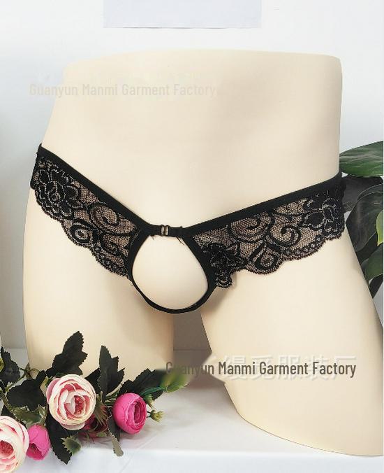 Damskie seksowne stringi koronkowe z odkrytym krokiem - prześwitujący niski stan