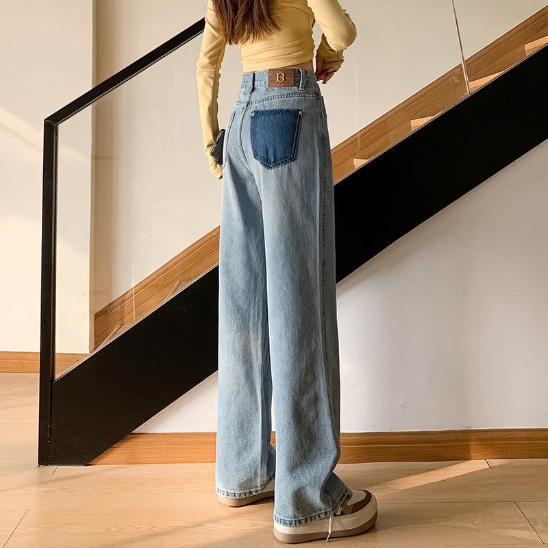 Niche High Waist American Narrow Version Wide-leg Jeans for Women Spring Loose Floor Pants Straight Pants for Women Spring Modified Pocket
