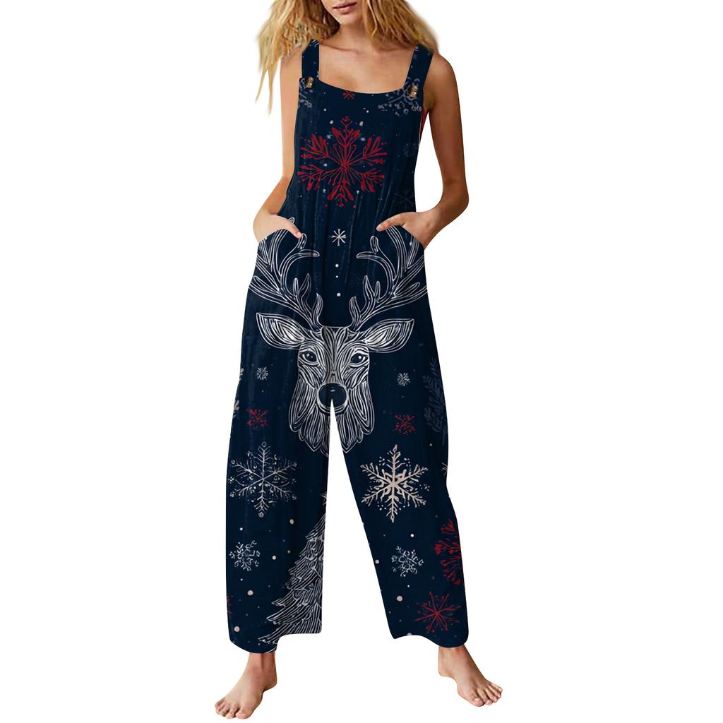 Women's Casual Jumpsuit Sleeveless Christmas Printed Cotton Jumpsuit
