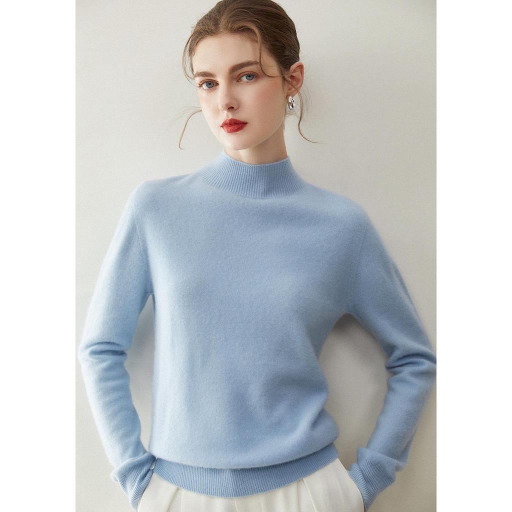 Elegant 100% Pure Cashmere Sweater for Women - Half-High Neck, Solid Color Pullover, Perfect for Autumn/Winter