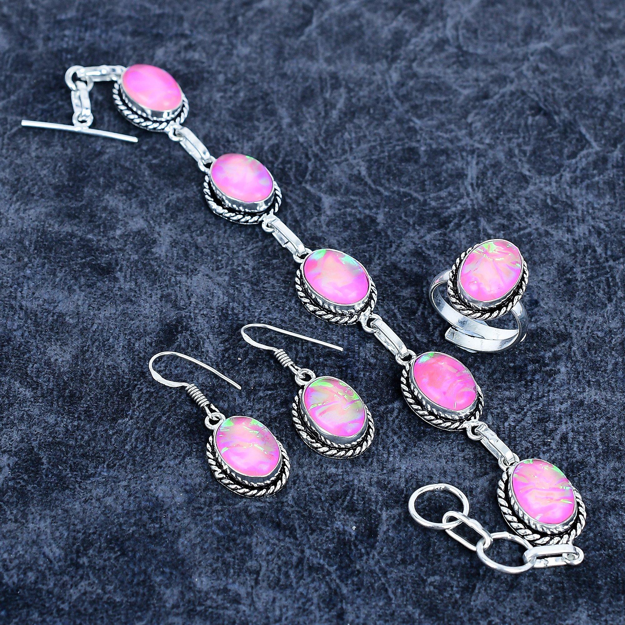 

Pink Triplet Opal Gemstone Handmade 925 Sterling Silver Jewelry Set M-3200