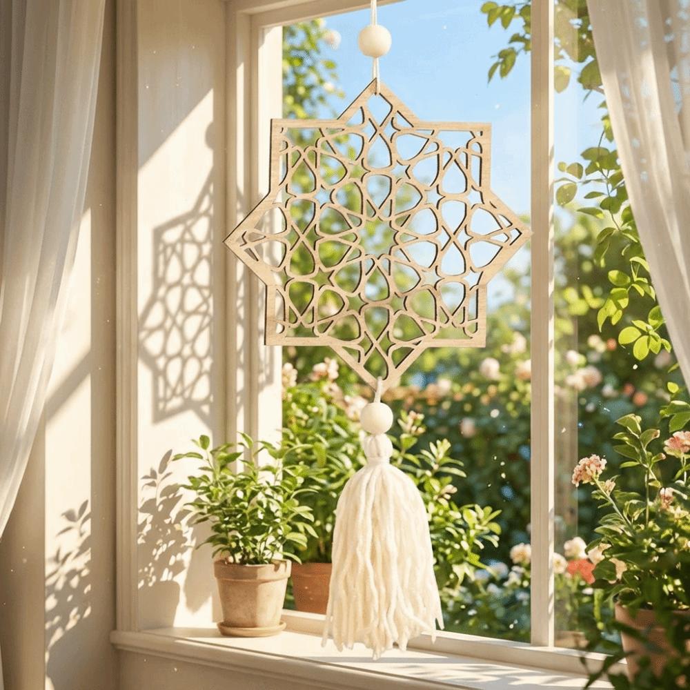 with Tassels Moon Star Hollow Mesh Wall Decor Handmade Wooden Handicraft Pendant Home Decoration