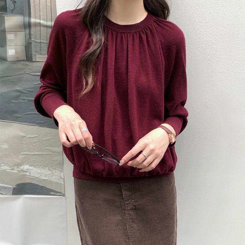Merino Quan Wool Pleated Design Crew Neck Bat Sleeve Knitted Sweater Women's Simple Temperament Pullover with Bottoming Shirt