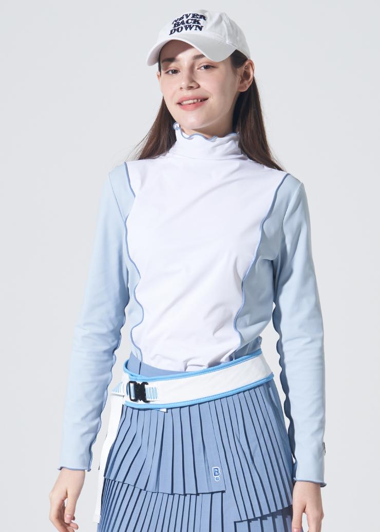 Blue Dot Color Block Mock Neck T-Shirt_Sb 85
