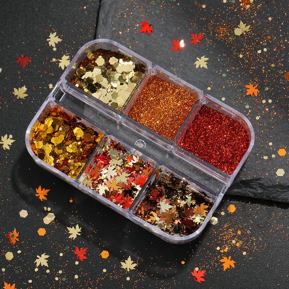 Nail Art Sequins 6-Gate Box Autumn Thanksgiving Maillard Color Symphony Maple Leaf Sequins Glitter