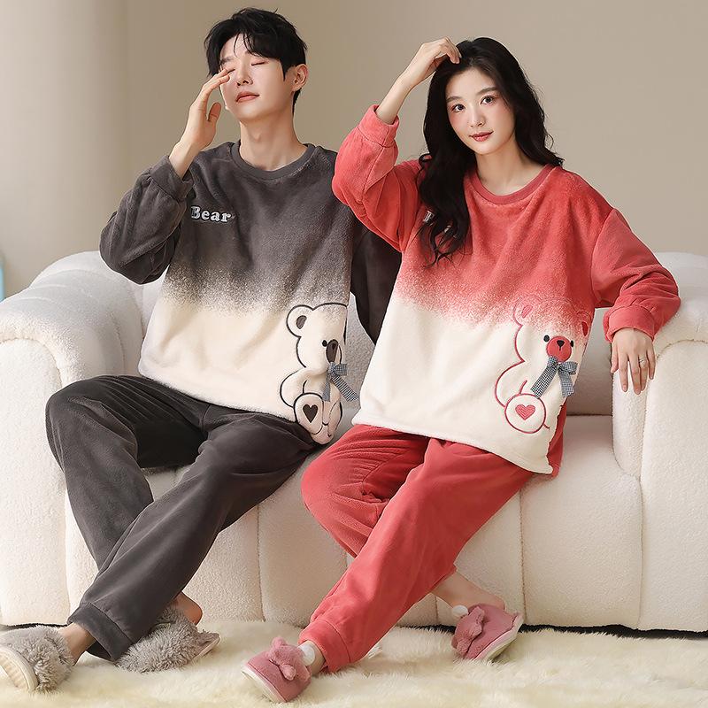 Winter Neu Flanell Verdickt Samt Rundhals Pullover Paar Pyjama Set, Tragen Warme Hauskleidung