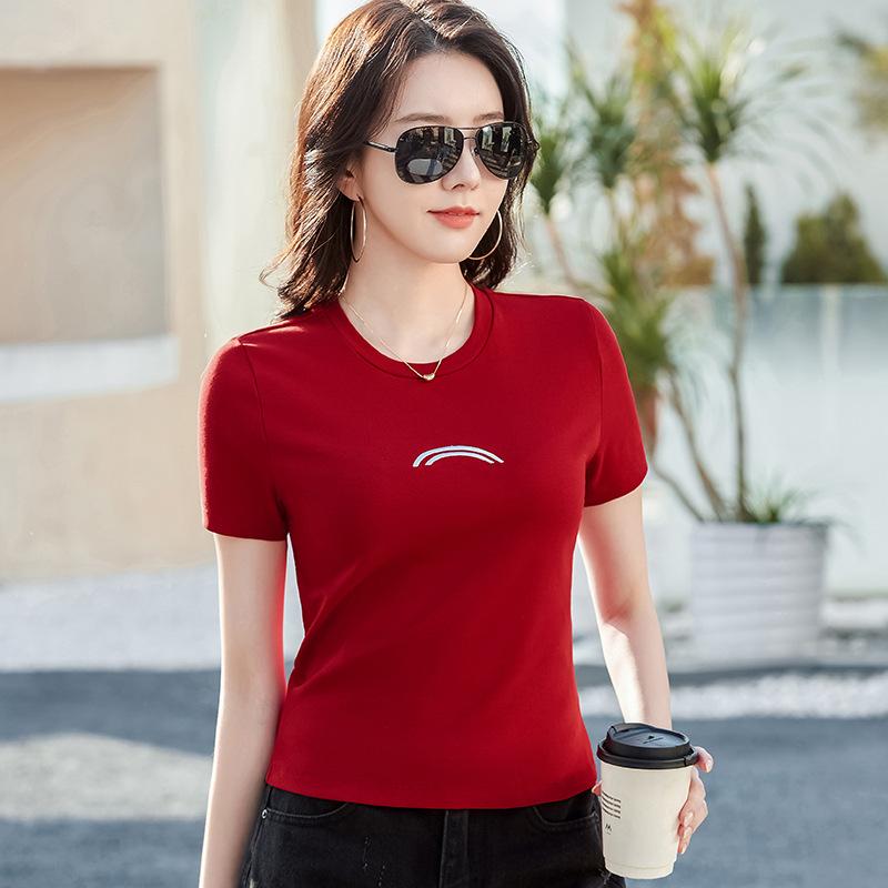 Rainbow Embroidered Short-sleeved Women's T-shirt with Small Round Neck, Simple and Fashionable High-waisted Short Top for Women, Versatile Top