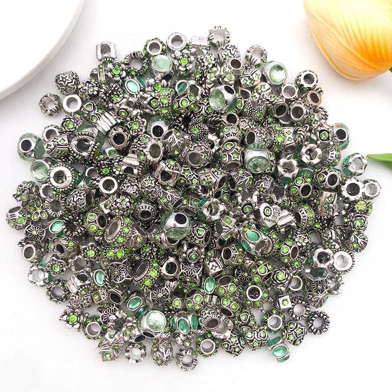 10pcs Colorful Antique Silver Rhinestone Spacer Beads Large-Hole Crystal Glass European-Style Beads for DIY Snake Chain Jewelry