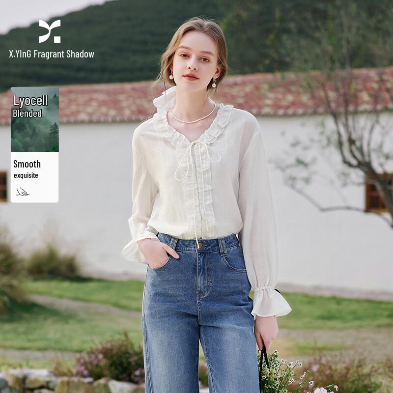 Xiangying Women s Tencel V-Neck Ruffle Long Sleeve Blouse S