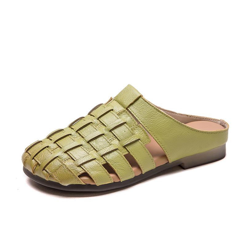 2026 Summer New Hand Woven Breathable Flat Outdoor Wear Closed Toe Slippers Casual First Layer Cowhide Women Shoes
