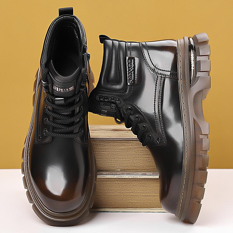 Fashion Classic Brand Genuine Leather Chelsea Boots Men Winter Warm Plush Mens Shoes Ankle Boot Thick Soled Fashionable Motorcycle Boots