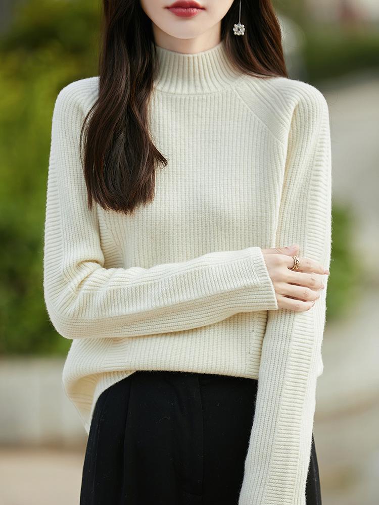Benmingnian Women’s Heavyweight Pure Wool Cable Knit Sweater: Semi-High Neck, Extra Thick, Loose Fit, with Raglan Sleeves.