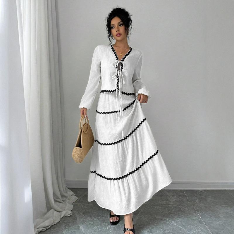 

Women Two Piece Long Sleeve Top And Maxi Skirt Set V Neck With Ric Rac Trim S белый