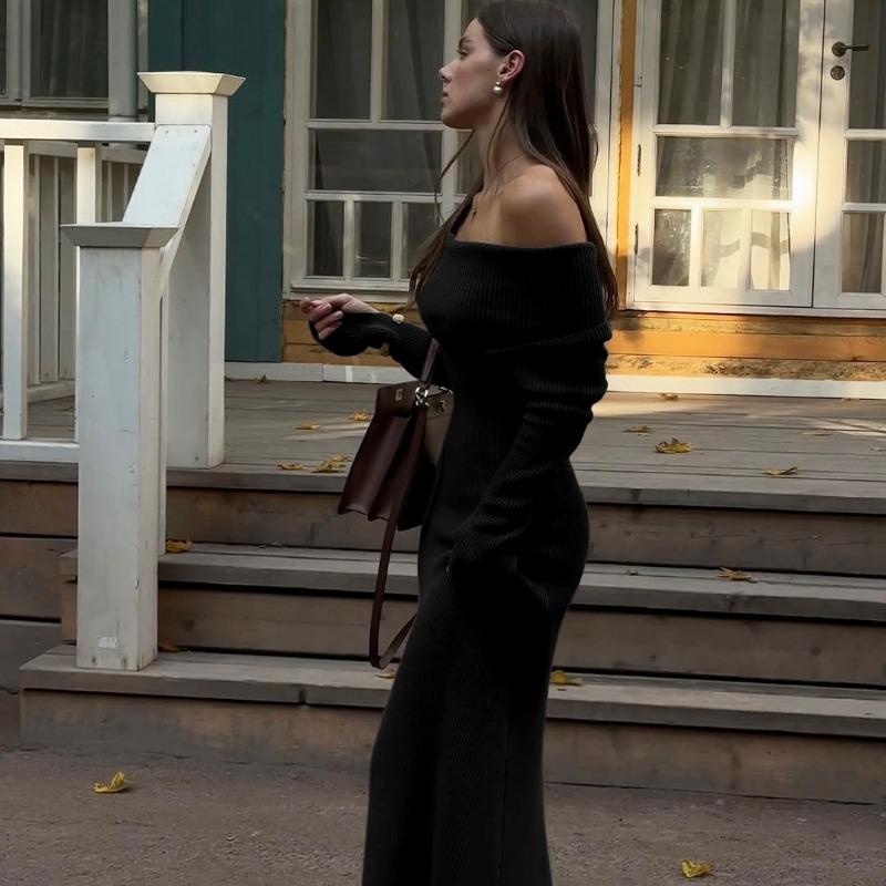 Off Shoulder Casual Dress Knitwear Maxi Dress Female Slim Elegant Fashion Autumn 2025 Ribbed Knit Dress For Women Long Dress