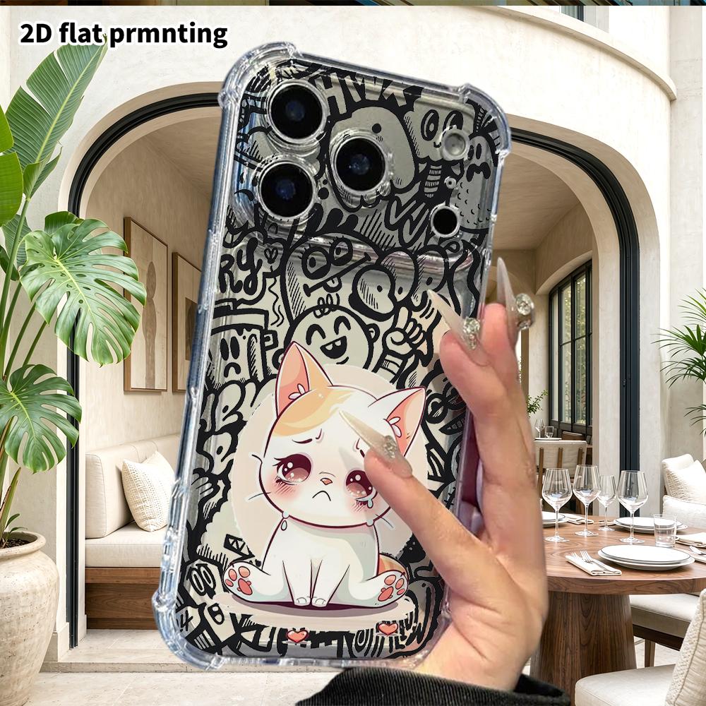Phone Case: 2D Flat Suitable for iPhone 18 17 16 15 14 13 Pro, Transparent Corner Protection Case, Crying Cat, Christmas and Halloween Gifts