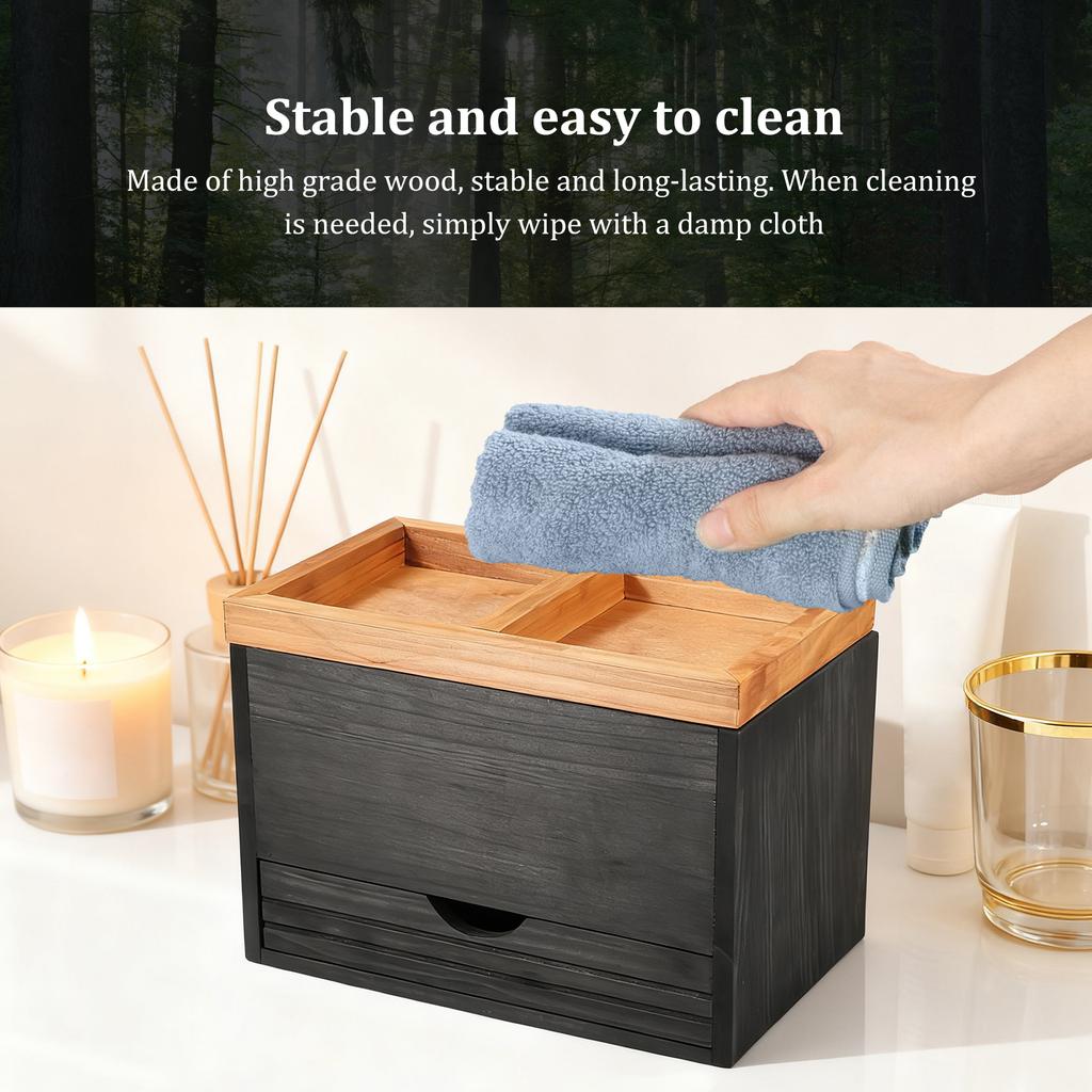 Bathroom Storage Box Wooden Tampon Box with Lid and Drawer 3 Compartment Feminine Product Organizer for Bathroom Countertops