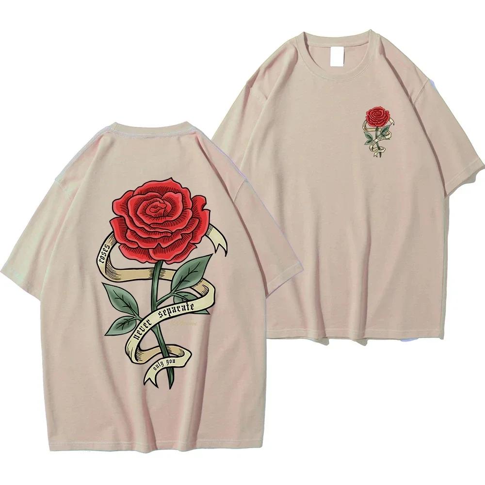 Red Roses Wrapped In Ribbons Print Clothes Men Cotton Breathable Tee Clothes Unisex Oversized Casual Loose T-Shirts Short Sleeve