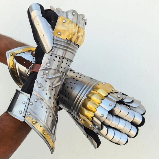 Knight Gauntlet, Medieval Armor Gloves, Steel Renaissance Cosplay Brass LARP Costume Hand Reenactment Warrior Prop Gift