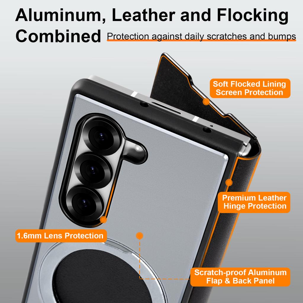 Oatsbasf für Samsung Galaxy Z Fold 6 5 Handyhülle Metall Flip Vollständige Abdeckung Schutzhülle mit 360° Drehung Magsafe Ständer