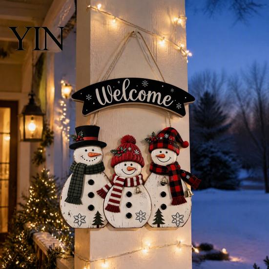 Vintage Style Seasonal Home Accents Christmas Wooden Hanging Sign, Rustic Holiday Wall Decor with Santa Claus Door Hanger Reindeer And Snowman