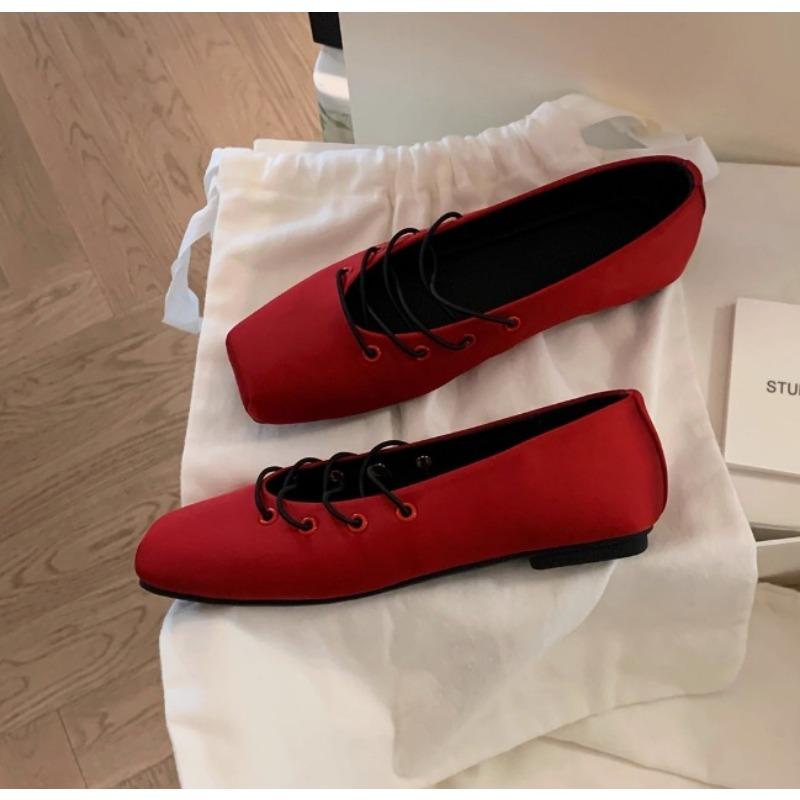 Sheepskin Version Mary Jane Shoes Women's Single Shoes, Extravagant Satin Temperament, Square Head Cross Strap, Ballet Flats