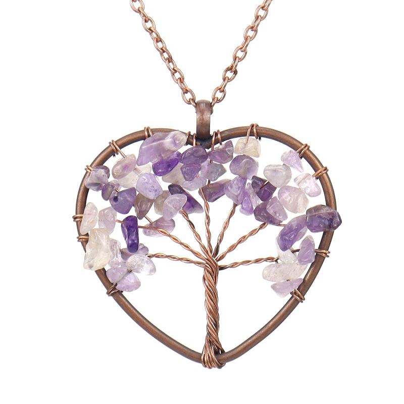 

Handmade Copper Wire Winding Crystal Gravel Tree Of Life Love Heart Necklace Peach Heart Necklace N37 аметист