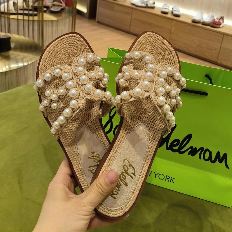Pearl Straw Woven Flat Shoes Women's Beach One-shoulder Flip-flops