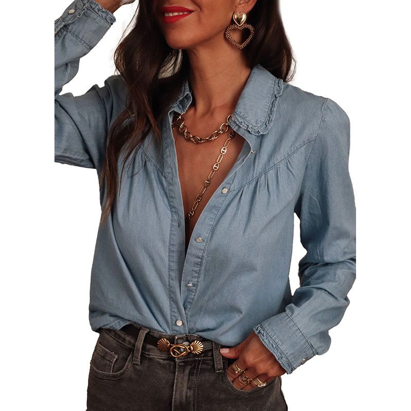 

European and American Commuters All-Matching Lapel Denim Shirt Women 2025 Early Autumn New Arrival Pure Color Single-Breasted Long Sleeve Tops Women Light blue XL code fits (70.00 kg-75.00 kg