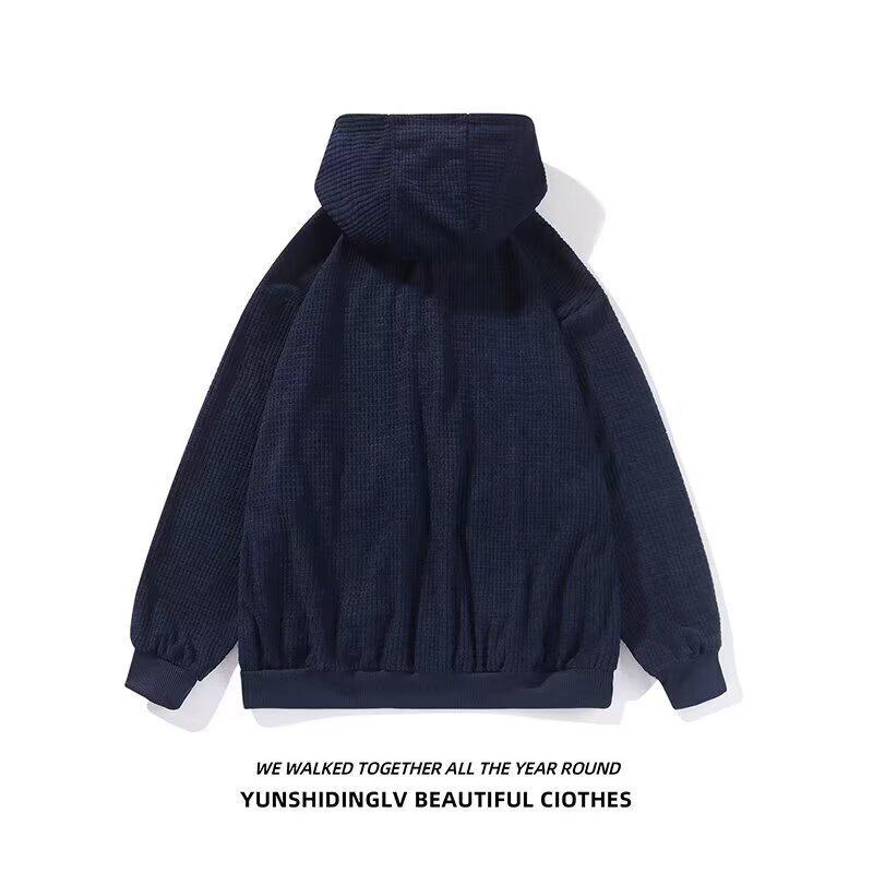 Men's Oversized Retro Waffle Knit Hooded Sweatshirt - Heavy-Weight Casual Jacket for Spring & Autumn by Trendy Brand