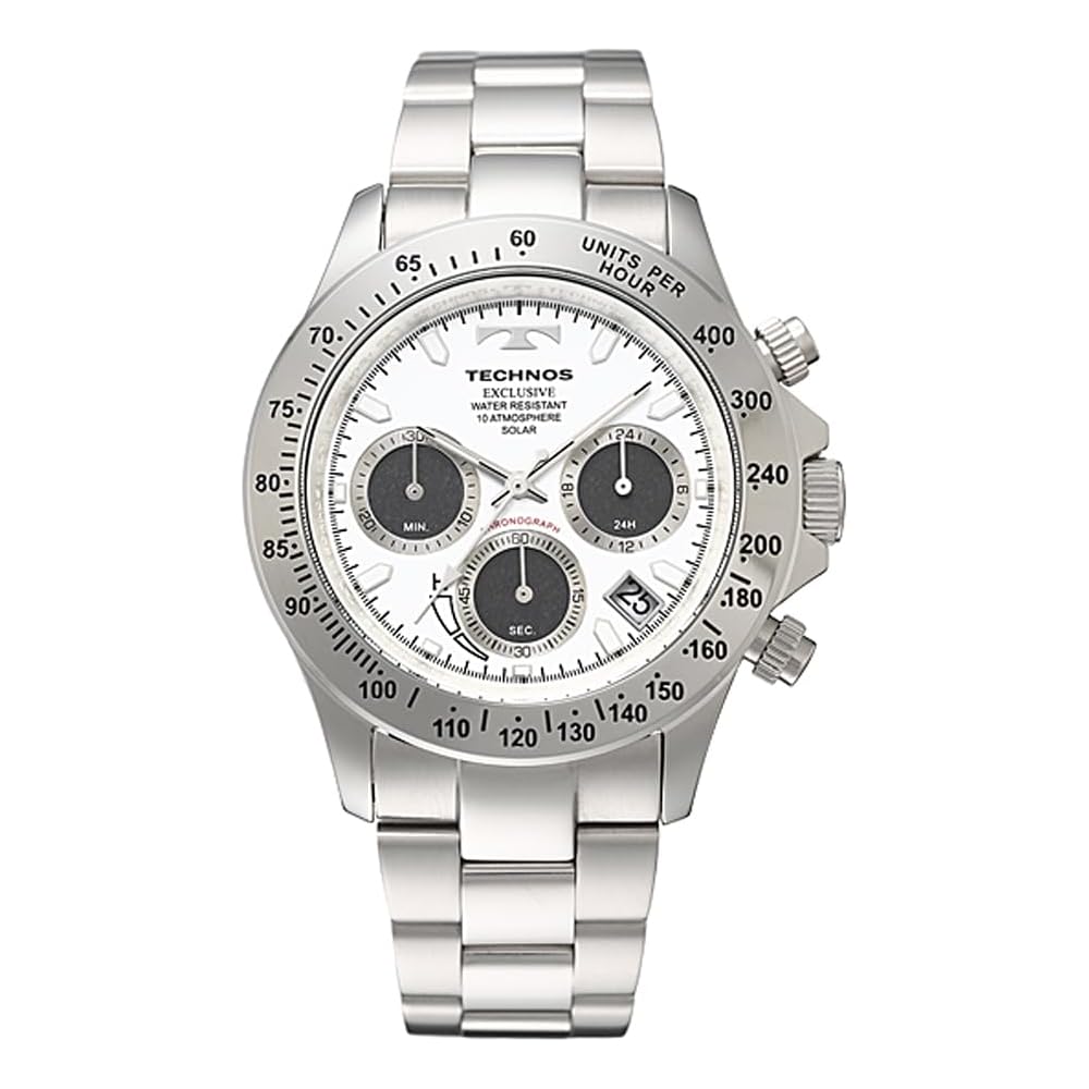 Technos Solar Watch Men s Chronograph White Dial Stainless Steel Band TE4001SW