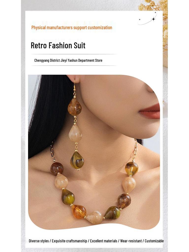 European Retro Holiday Style Two-Tone Acrylic Jewelry Set: Water Drop Earrings & Necklace
