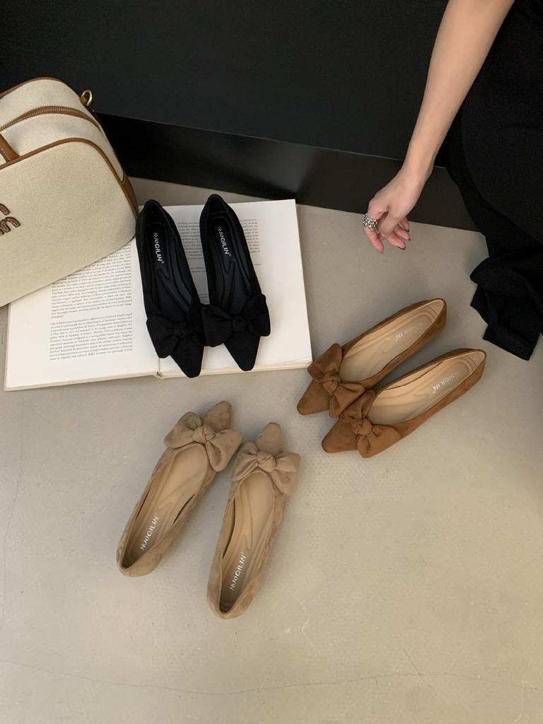 Flache Einzel-Schuhe Damen 2025 neu spitze Schuhe Gummisohle Schleife schwarz vielseitig Arbeit Damen-Schuhe